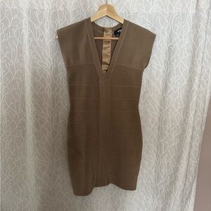 Aritzia Tan V-Neck Mini Dress
